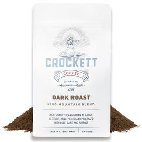 Crockett Dark Roast Ground Coffee bag highlighting bold flavor for mornings