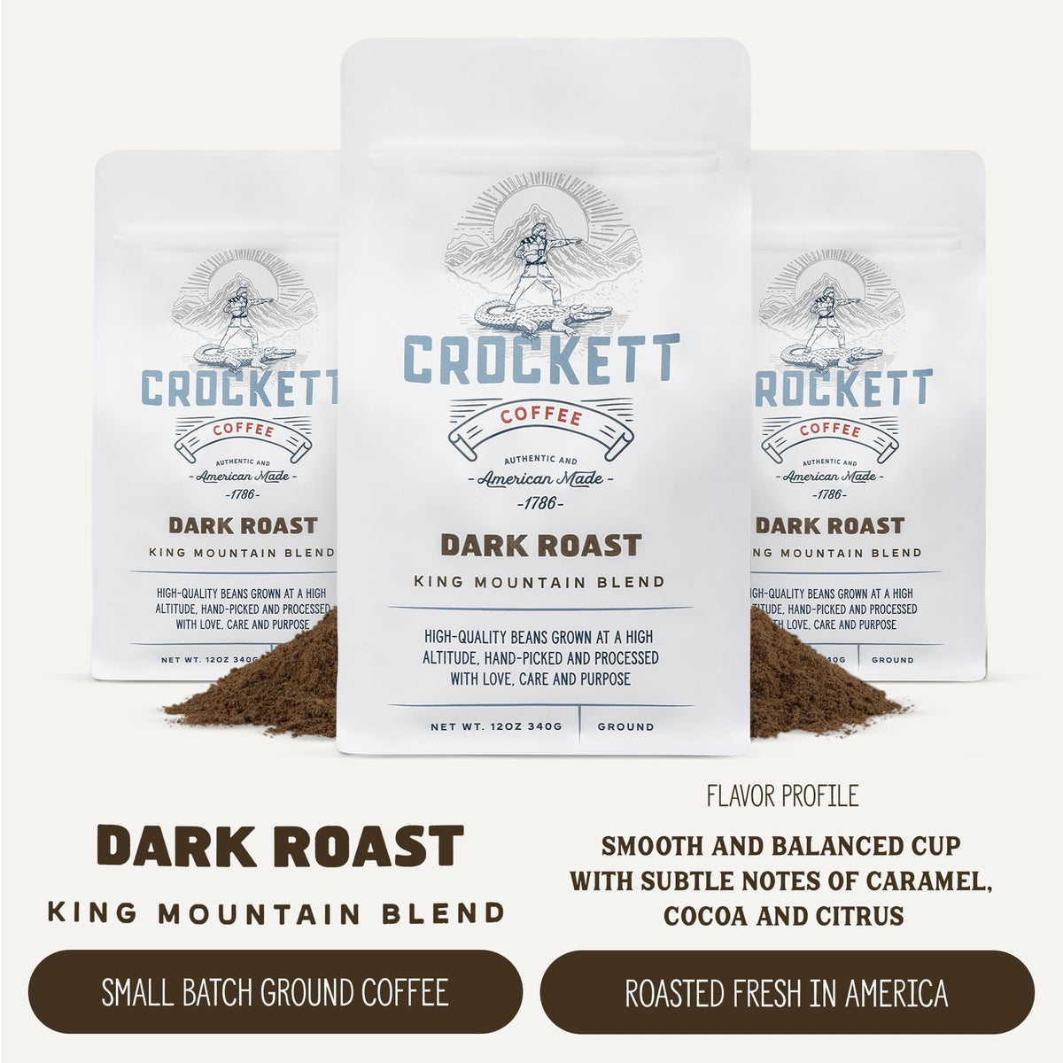 Crockett Dark Roast Ground Coffee fine grind closeup for rich brews
