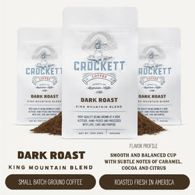 Crockett Dark Roast Ground Coffee fine grind closeup for rich brews