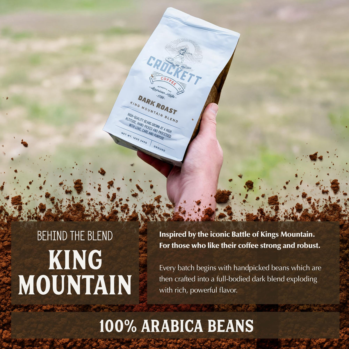 Crockett Dark Roast Ground Coffee pour image for bold, confident mornings