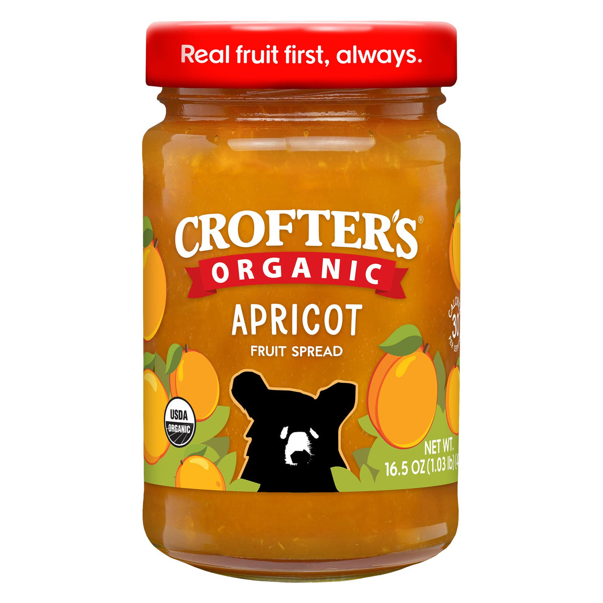 Crofters Apricot Spread jar front view, vibrant fruit flavor for breakfast.