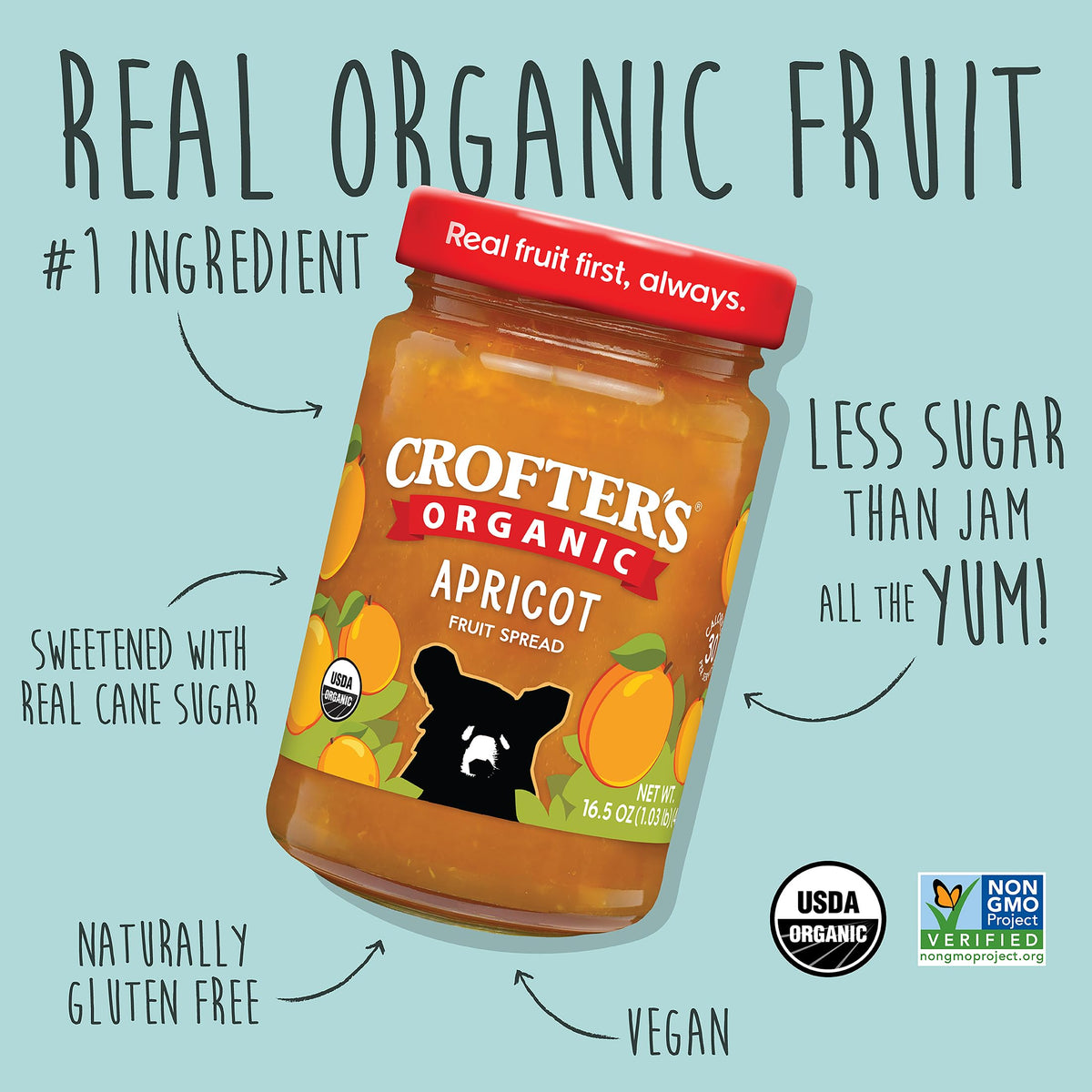 Crofters Apricot Spread jar side label, organic recipe with natural sweetness.