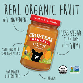 Crofters Apricot Spread jar side label, organic recipe with natural sweetness.
