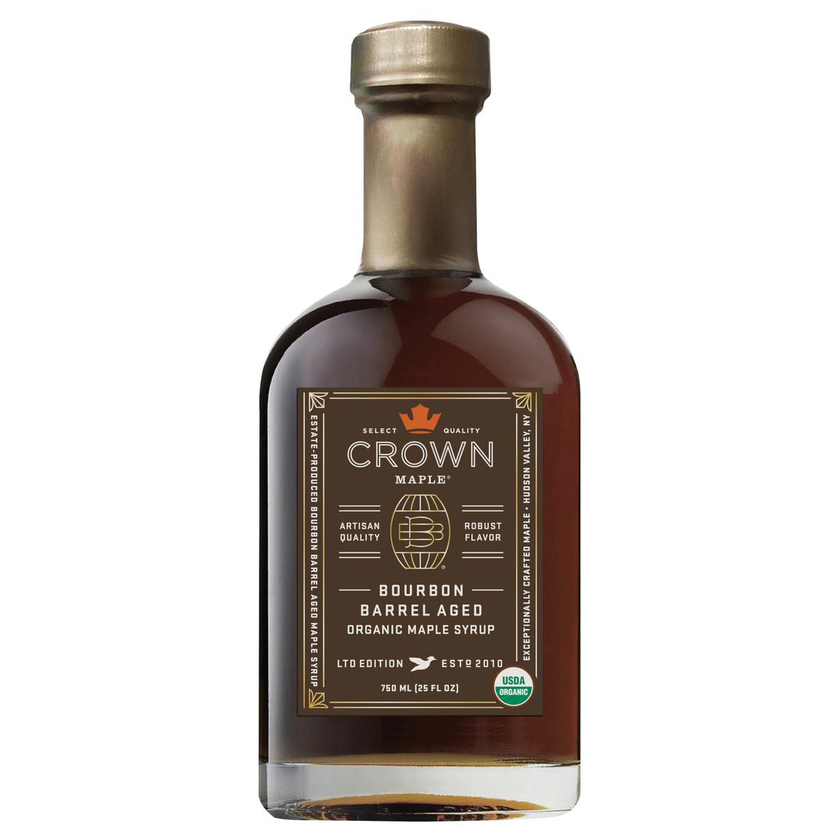 Crown Maple Bourbon Barrel-Aged syrup bottle closeup ideal for coffee and pancakes