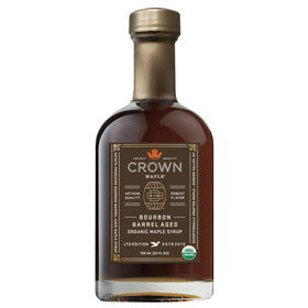Crown Maple Bourbon Barrel-Aged syrup bottle closeup ideal for coffee and pancakes