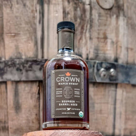 Crown Maple Bourbon Barrel-Aged syrup glass jar with label detail and organic emphasis