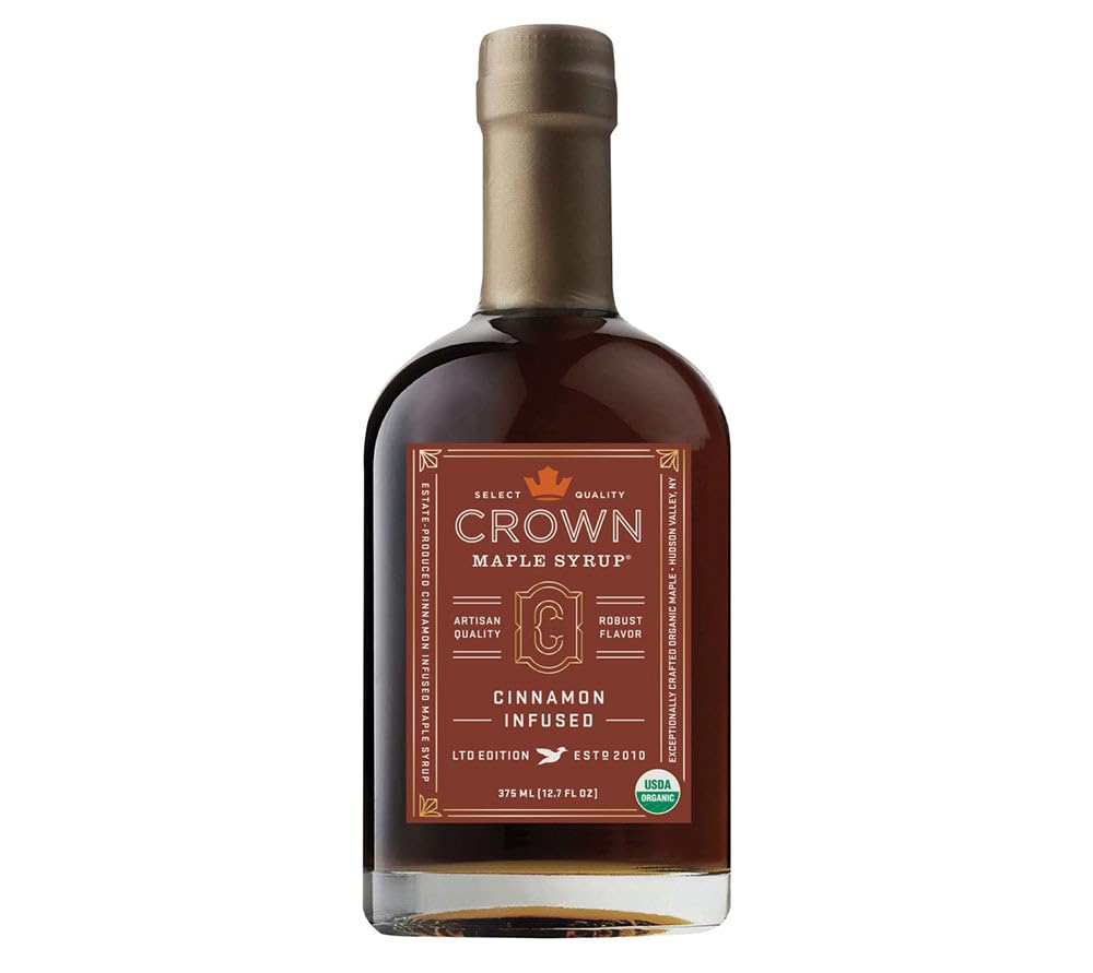 Crown Maple Cinnamon Infused Maple Syrup bottle highlights rich color, ideal for pancakes