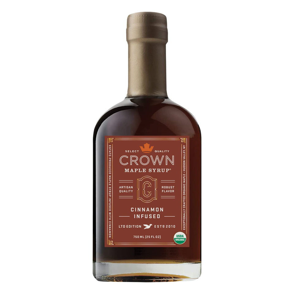 Crown Maple cinnamon-infused maple syrup bottle – ideal for elevating breakfasts.