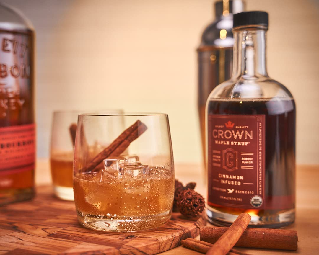 Crown Maple cinnamon-infused maple syrup glass pour perfect for desserts.