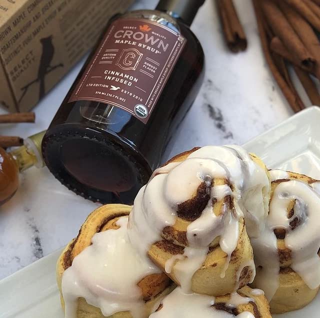 Crown Maple cinnamon-infused maple syrup pour over pancakes for a warm finish.