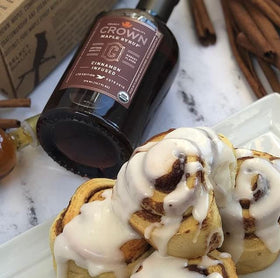Crown Maple cinnamon-infused maple syrup pour over pancakes for a warm finish.