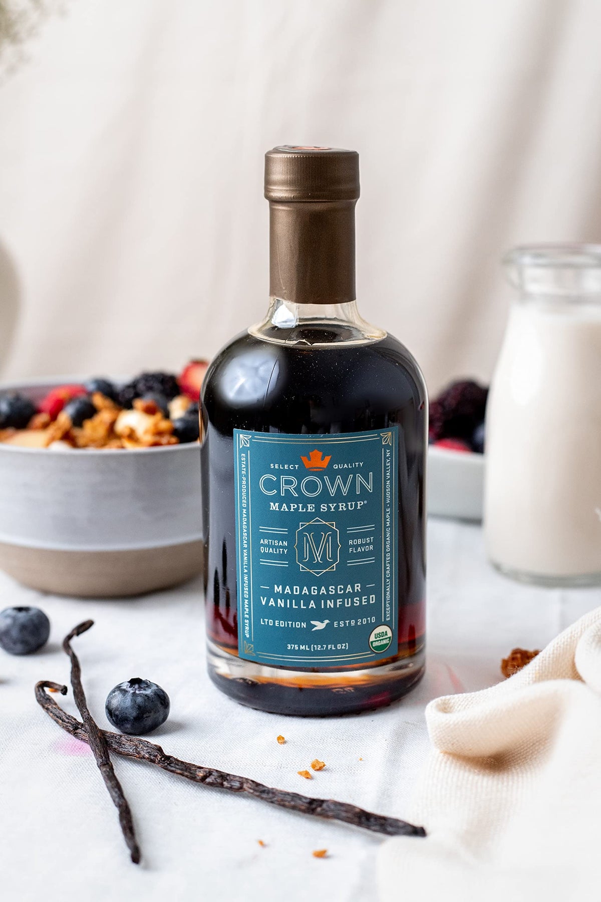 Crown Maple organic maple syrup label highlighting kosher and gluten free quality