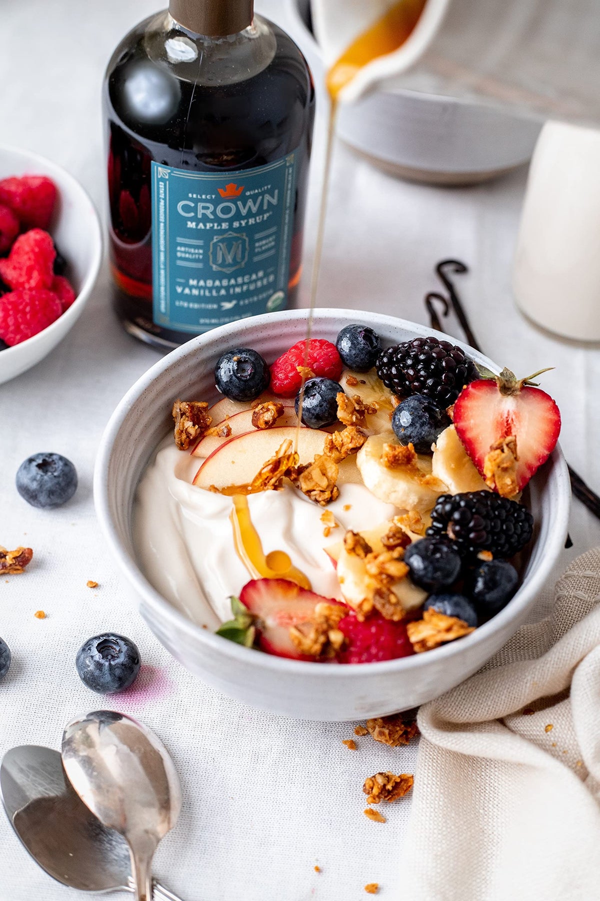 Crown Maple pancakes with vanilla maple syrup emphasizes creamy sweetness