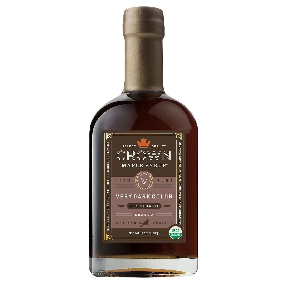 Crown Maple Very Dark Color syrup bottle showing bold color for cooking