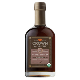 Crown Maple Very Dark Color syrup bottle showing bold color for cooking