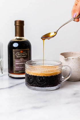 Crown Maple Very Dark Color syrup drizzle over pie slice for indulgent finish