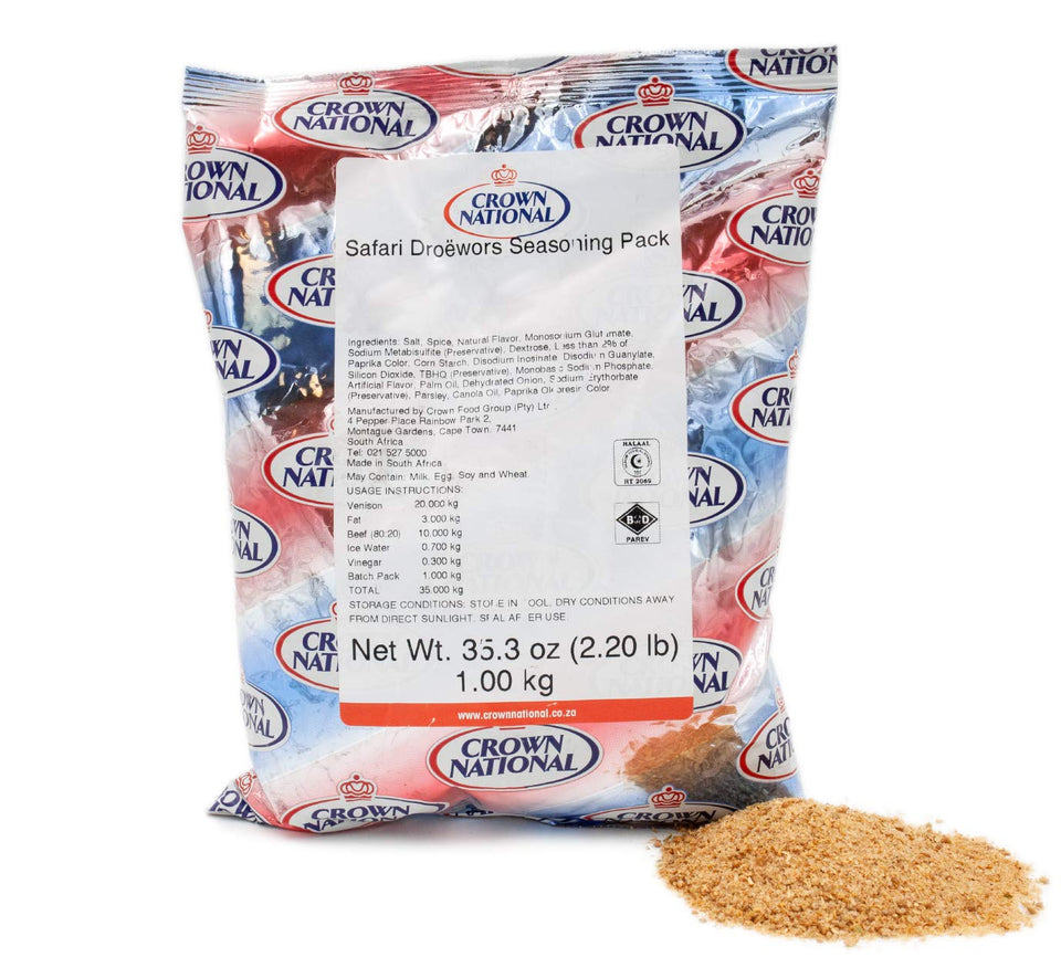 Crown National Drywors Spice 1kg packaging showing label and packaging details for authentic flavor.