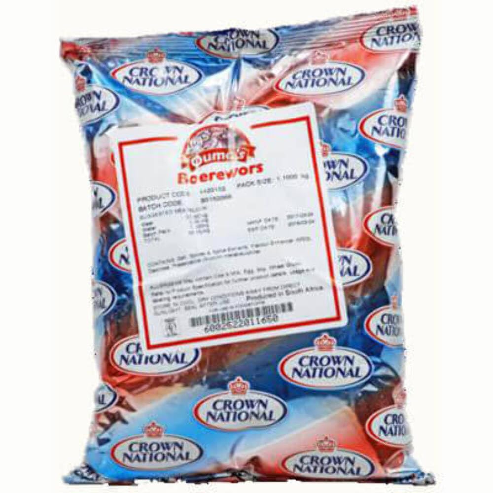 Crown National Oumas Boerewors Seasoning 2.43lb tub for authentic home grilling.