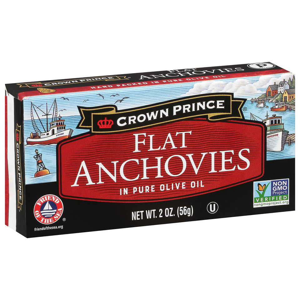 Crown Prince flat anchovies in olive oil, cans stacked for pantry-ready meals and versatility.