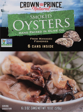 Crown Prince hand-packed smoked oysters in olive oil can, premium quality.