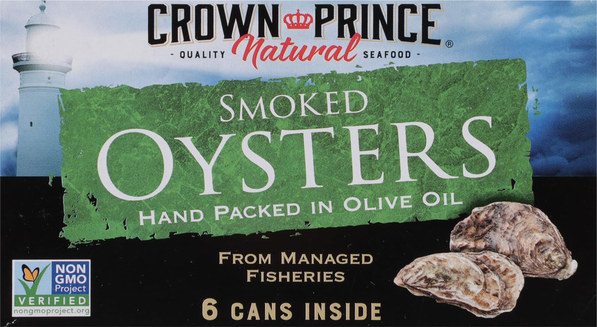 Crown Prince non-GMO verified oysters in olive oil can.
