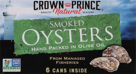 Crown Prince non-GMO verified oysters in olive oil can.