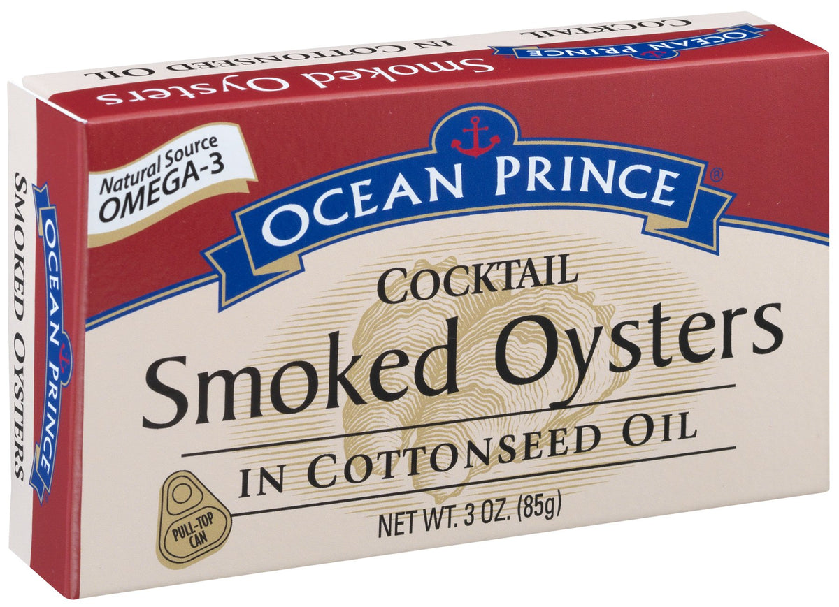 Crown Prince Ocean Prince Cocktail Smoked Oysters in cottonseed oil, 3oz pull-top can, perfect for appetizers.