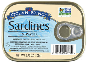 Crown Prince Ocean Prince sardines in water, 12-pack, ready-to-eat snack option.