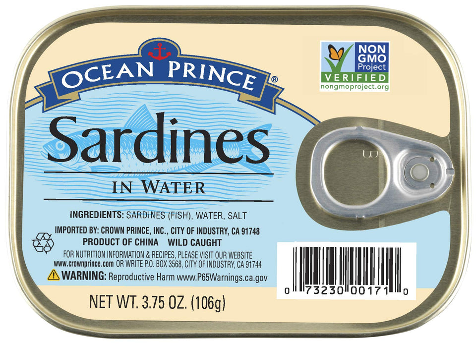 Crown Prince Ocean Prince sardines in water, 12-pack, ready-to-eat snack option.