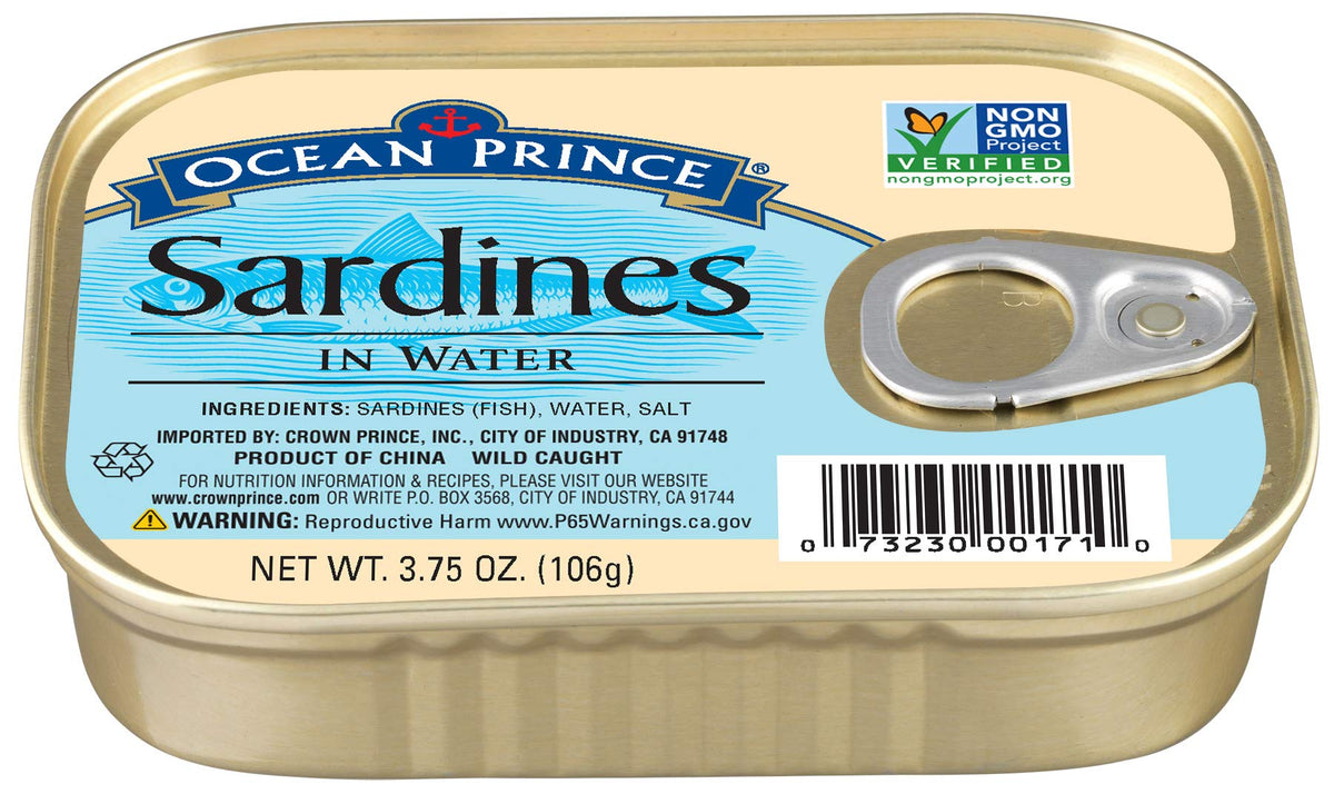 Crown Prince sardines in water with pull-top lid for quick meals.