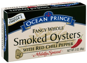 Crown Prince Ocean Prince smoked oysters with red chili can front view, ready-to-serve protein option.