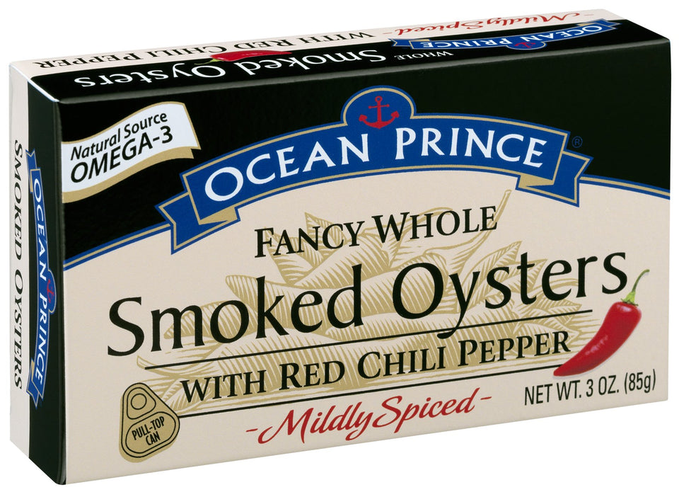 Crown Prince Ocean Prince smoked oysters with red chili can front view, ready-to-serve protein option.