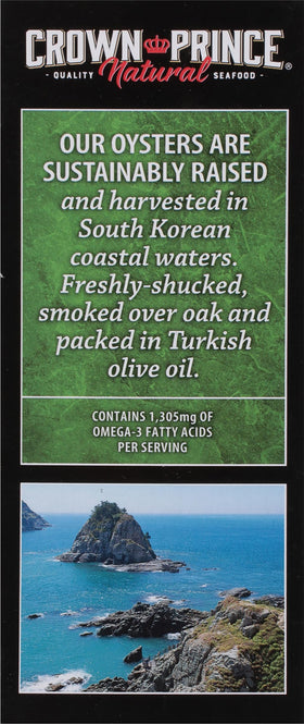 Crown Prince protein-rich smoked oysters in olive oil, convenient snack.