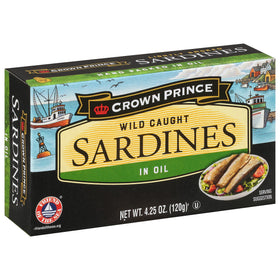 Crown Prince sardines in oil can with pull-top lid for quick, protein-rich snacking.