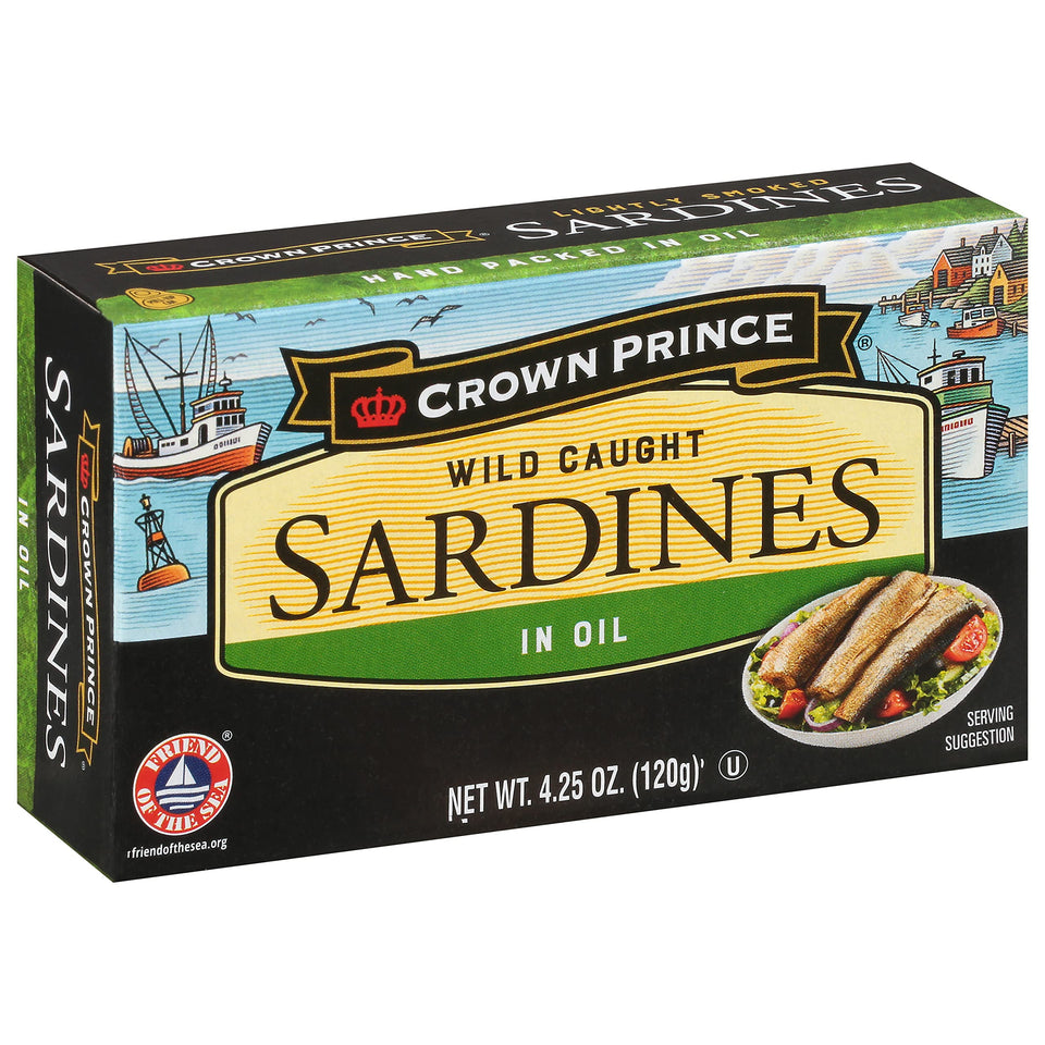 Crown Prince sardines in oil can with pull-top lid for quick, protein-rich snacking.