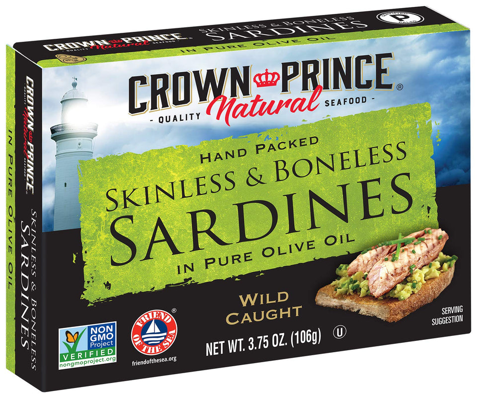 Crown Prince sardines in olive oil front can highlight premium texture and ideal salad use