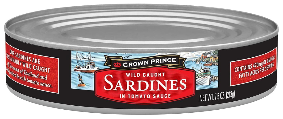 Crown Prince Sardines in Tomato Sauce label close-up for quick, protein-rich meals