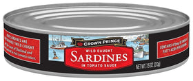 Crown Prince Sardines in Tomato Sauce label close-up for quick, protein-rich meals