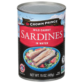 Crown Prince sardines in water 15oz can pack shows a protein-rich pantry staple.