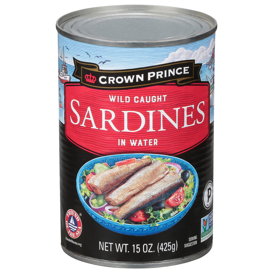 Crown Prince sardines in water 15oz can pack shows a protein-rich pantry staple.