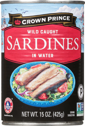 Plate of Crown Prince sardines in water highlights firm texture and mild flavor.