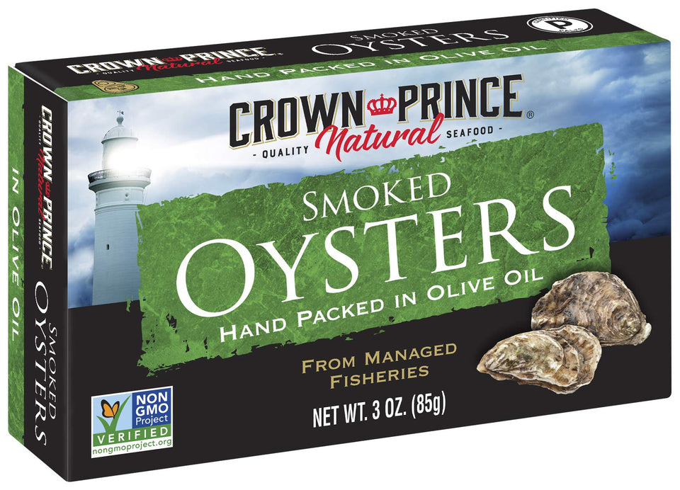 Crown Prince smoked oysters in olive oil on a 3-ounce can, ready to enjoy.