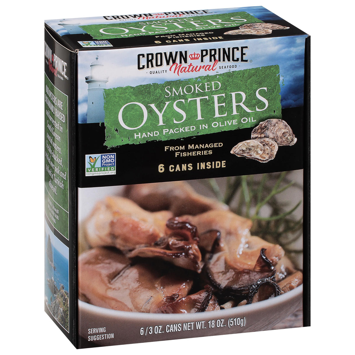 Crown Prince smoked oysters in olive oil six-pack can, pantry-ready.