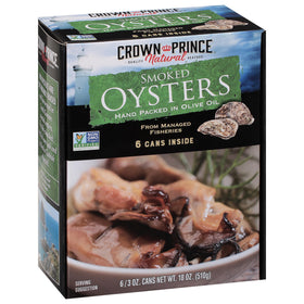 Crown Prince smoked oysters in olive oil six-pack can, pantry-ready.