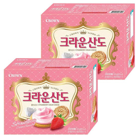 Crown Sando Strawberry Cream Cheese sandwich biscuits, boxed display, creamy filling for a fruity snack.
