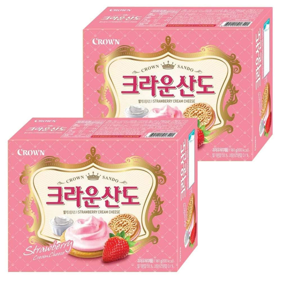 Crown Sando Strawberry Cream Cheese sandwich biscuits, boxed display, creamy filling for a fruity snack.