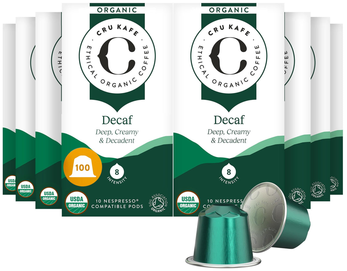 Cru Kafe decaf espresso pods 100-pack in box for convenient brewing
