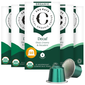 Cru Kafe decaf espresso pods in a 50-pack ready for daily brewing