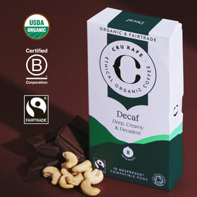 Cru Kafe decaf pod close-up highlighting a glossy finish