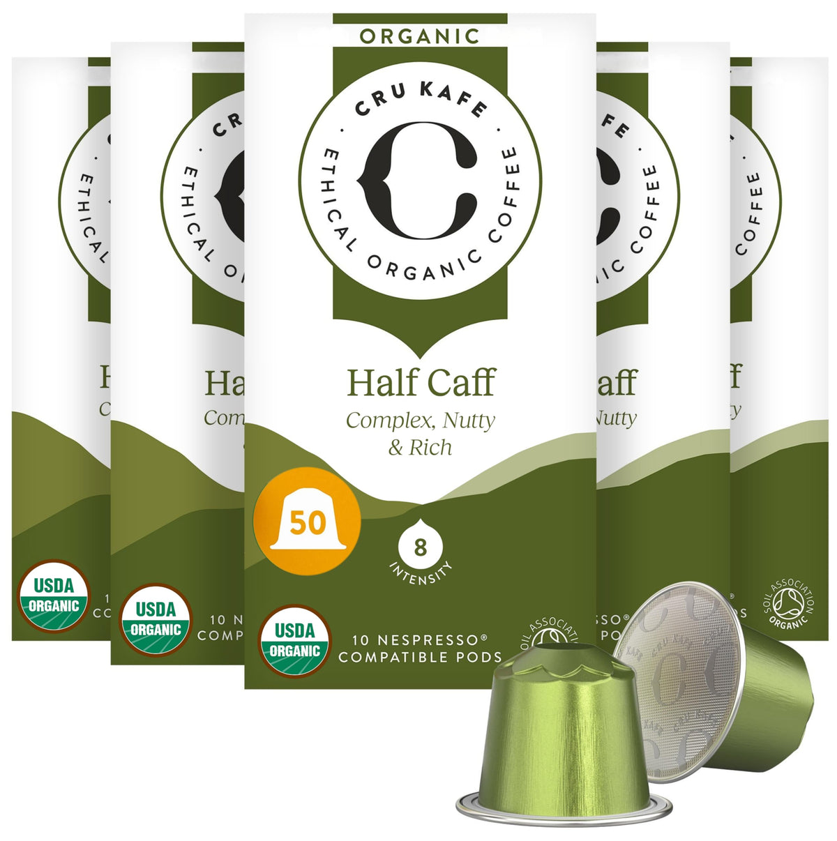 Cru Kafe half-caff espresso pod close-up with crema; ideal for milder caffeine days.